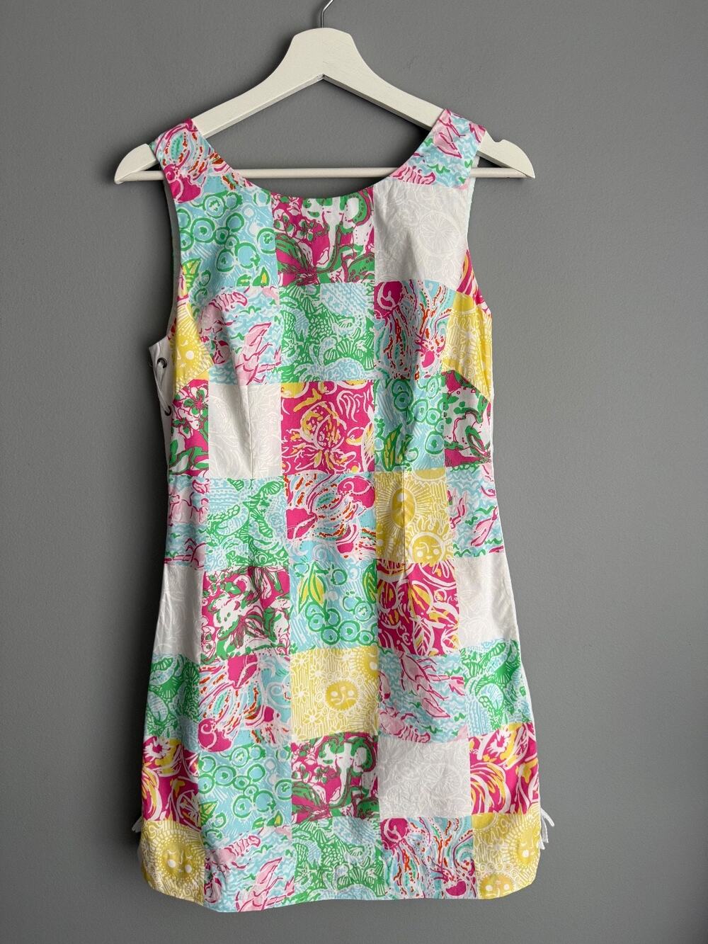 Lilly Pulitzer Womens 4 Patchwork Print Shift Dress Lace Up Sides Preppy Coastal
